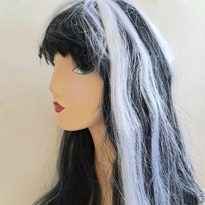 Wig Witch Vampire Halloween Cosplay Superlong Black Hair White Streaks NEW